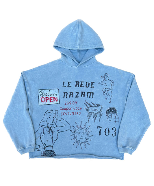 Washed blue hand drawn hoodie
