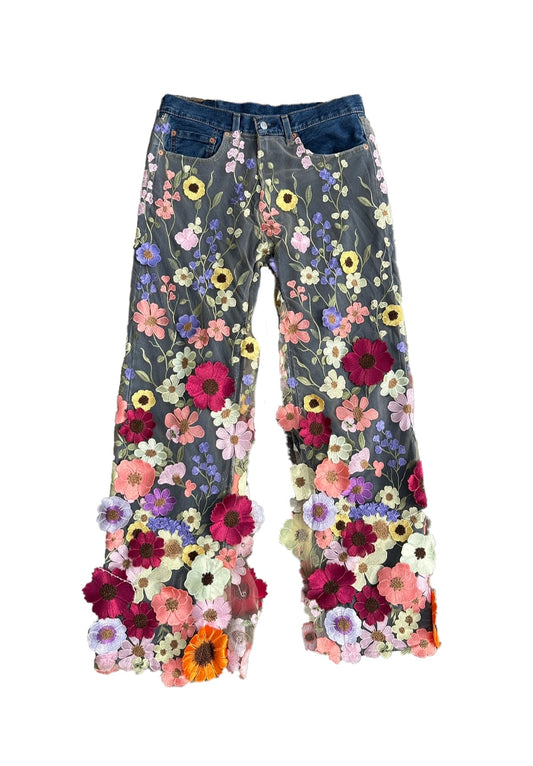 Flower embroidery lace jeans
